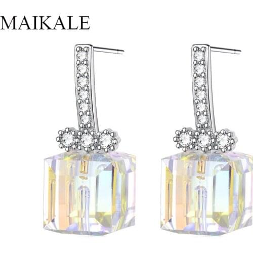 MAIKALE Colorful Square Austrian Crystal Stud Earrings AAA Cubic Zirconia Gold Korean Earrings For Women Send Friend Gift