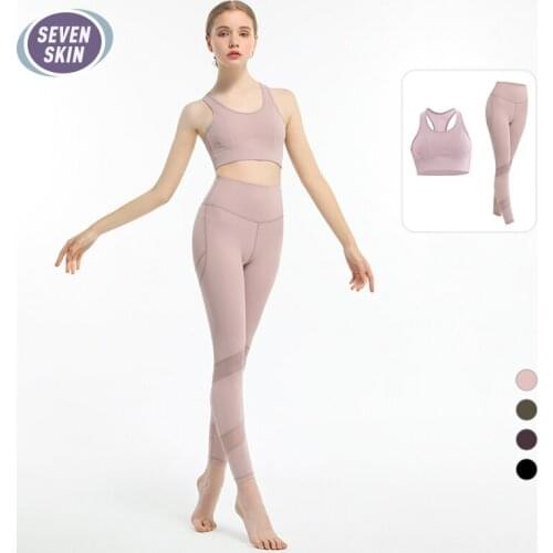 SEVEN SKIN Women Gym Yoga Set 2 Piece Sportwear Seamless Sport Suits for Women Mesh High Waist Leggings Fitness Bra Sets Clothes