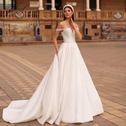 Fmogl Vestidos De Noiva Sexy Boat Neck Vintage Wedding Dresses 2021 Luxury Beaded Pearls Sashes Matte Satin A Line Bride Gown