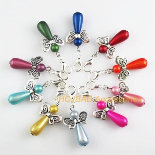 10 New Angel 17.5x30mm Charms Mixed Teardrop Acrylic Tibetan Silver Plated Retro With Lobster Claw Clasps