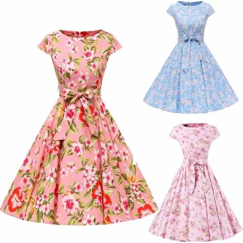 2020 Short Sleeve Women Summer Dress VD0257 100% Cotton Swing Rockabilly Retro Vintage Dress Floral Polka Dot Dresses