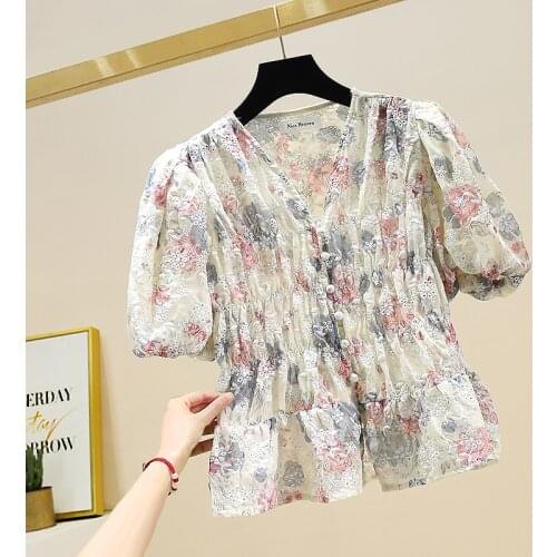 Blusas Feminina 2020 Summer New Sweet Pleated Waist Hugging Puff Sleeve V-neck Floral Chiffon Top Blouse Girls Shirt Blusa
