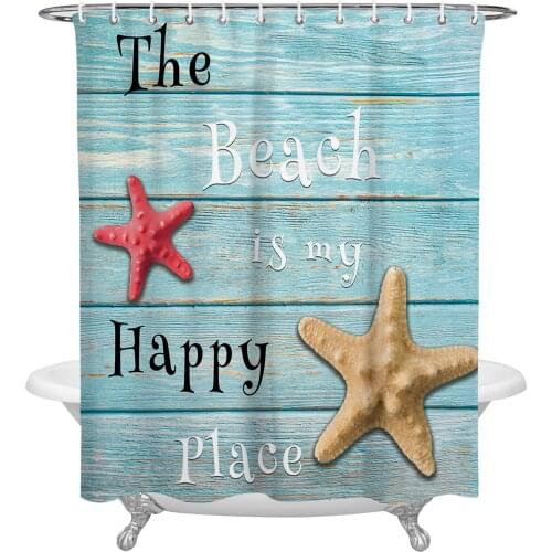 Wood Grain Beach Text Starfish Waterproof Polyester Shower Curtain Bathroom Supplies Decor Curtain Fabric Shower Curtain