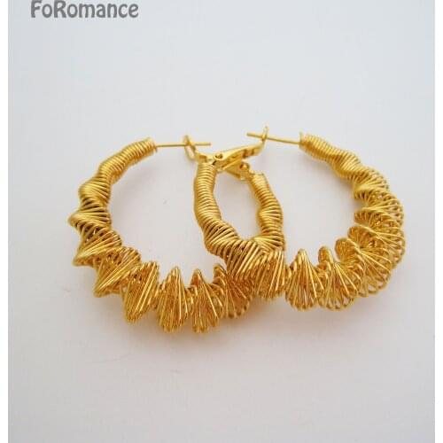 Foromance/ NEW LINE TWISTED WATER WAVE PLAIN SURFACE HIGH SHINING YELLOW GOLD COLOR ROUND HOOP EARRING DIAMETER 38mm 1.5 INCH