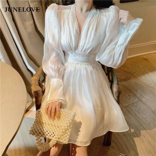 JuneLove Summer Sexy Elegant Harajuku Woman Lace Shiny Dress Gentle Vintage Courtly Fairy V-Neck Slim Niche Design Maid Dress