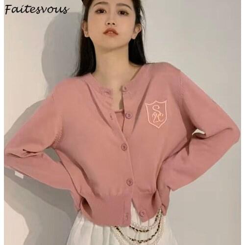 Sweet Cute Solid Two Piece Cardigans Women Autumn Short Embroidered Knitted Cardigan + Vest 2021 New