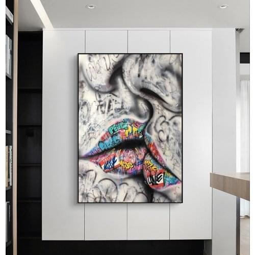 Lover Kissing Street Graffiti Art Canvas Painting Abstract Prints and Poster Cuadros Wall Art Picture for Living Room Home Decor