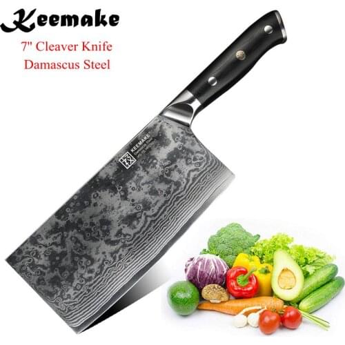 KEEMAKE 7" Cleaver Knife Japanese Damascus VG10 Steel Blade Kitchen Chef Knives G10 Handle Sharp Meat Vegetable Cutting Tools