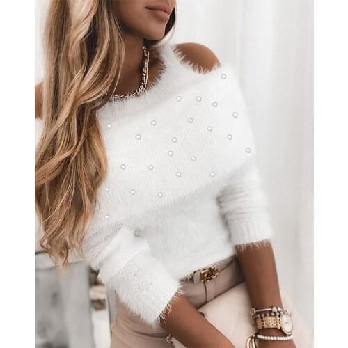 Brief Cozy Cold Shoulder White Fluffy Beaded Sweater for Women Warm Fluff Tops Women Fashion Casual Long Sleeve Pullovers Top