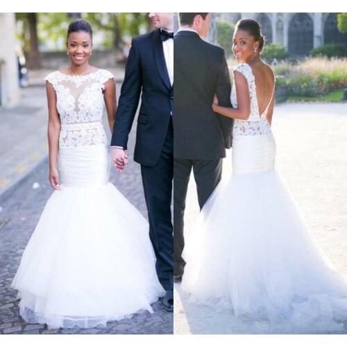 Mermaid Applique Lace Backless Wedding Dress Cap Sleeves Tulle Bridal Gown Size 2021