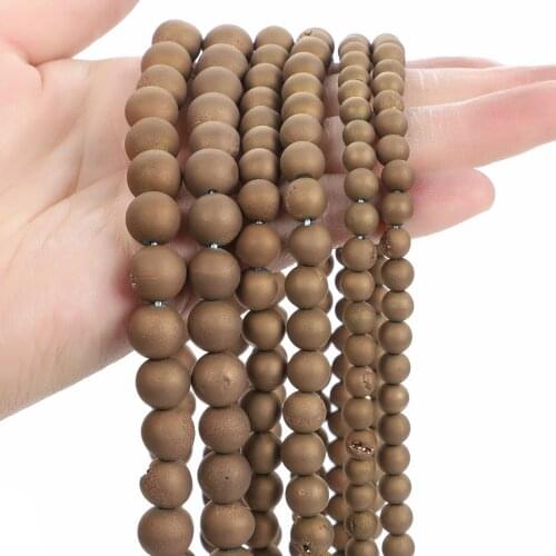 LF Natural Stone Beads Brown Metallic Titanium Coated Natural Druzy Quartz Agat Round Loose Beads For Jewelry Making 6-12mm