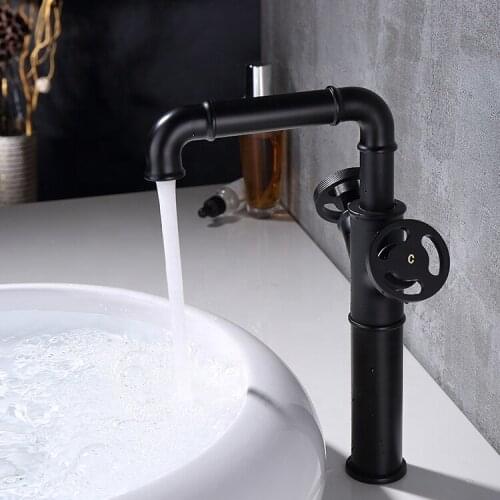 Matte black Brass Bathroom sink faucet Single hole Two handle Basin faucet Cold hot water high bathroom faucet Industrial style