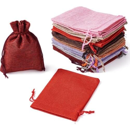 100pcs Polyester Imitation Burlap Packing Pouches Drawstring Bags Jewelry Packing Storage Wedding/Party Bags 13.5x9.5cm
