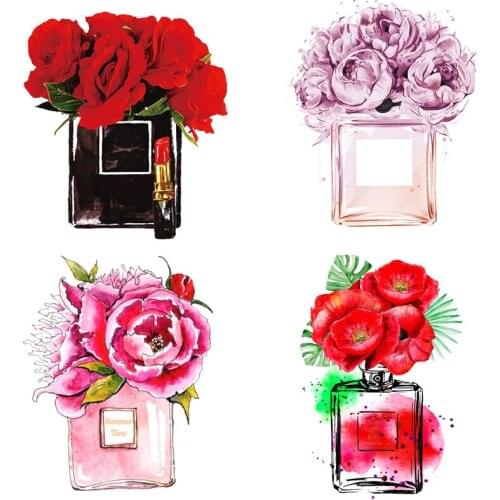 DIY Rose Flower Perfume Bottle Patches Iron on Transfers for Clothing Thermo Appliques Stickers on Clothes Girl T-shirt Decor
