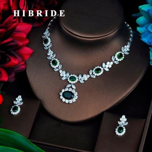HIBRIDE Luxury Green CZ Jewelry Sets For Women Pendant Set Bijoux Femme Accessories Flower Design Jewelry Gifts N-574