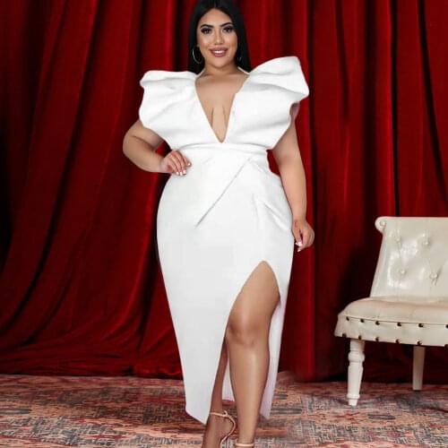 White Dress Sexy Deep V Neck High Waist Bodycon Dress Ruffles Backless Butterfly Sleeve Night Club Evening Party Dresses Women