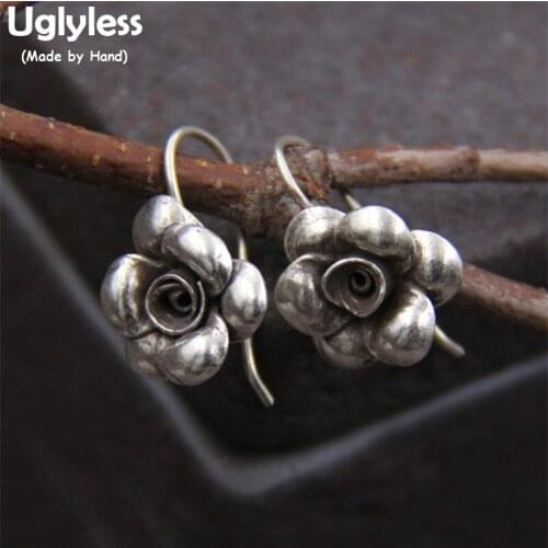 Uglyless Real S 925 Black Vulcanized Silver Retro Handmade Flower Earrings for Women Exotic Thai Chiang Mai Brincos Fine Jewelry