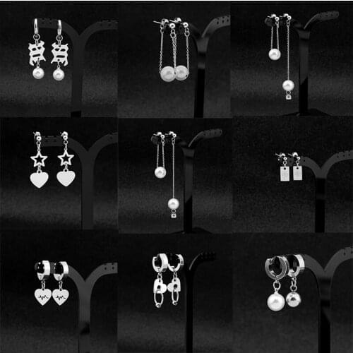 SOHOT Stainless Steel Pearl Love Pendant Hoop Earrings And Ear Clips Punk Classic Trendy Female Fine Jewelry Accessories Party