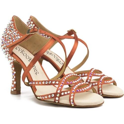 Practice Women Rhinestone Dance Shoes Brown Satin Latin Salsa Ballroom Tango Shoes Girl Club Party Dancing Shoes Wholesale Price