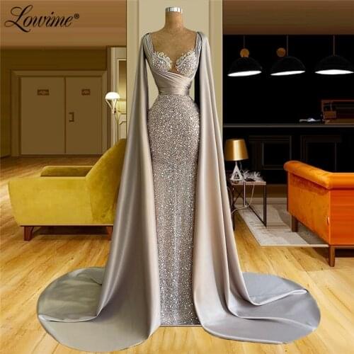 Lowime Dubai Muslim Arabia Luxury Cape Sleeves Beading Evening Dresses 2021 Long Mermaid Formal Party Dress Beads Prom Dresses