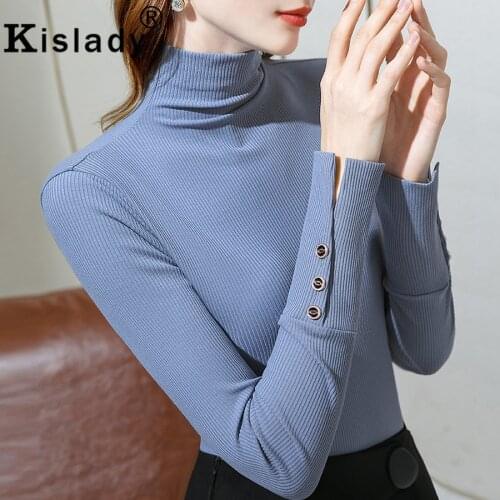 Kislady Turtleneck Patchwork Gothic Button Shirts 2021 Elegant Harajuku Solid Tops Shirt Korean OL Sexy Temperament Slim Clothes