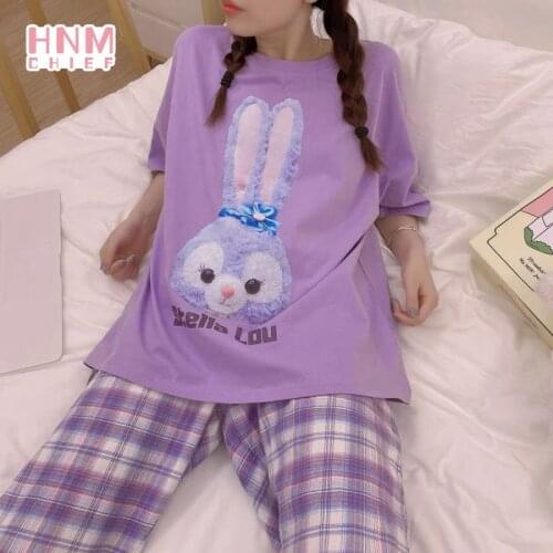 Cartoon Print Cute Maiden Pajama Sets Spring Summer Short Sleeve Long Pants for Women Casual Loose Purple Comfort Homewear Suit