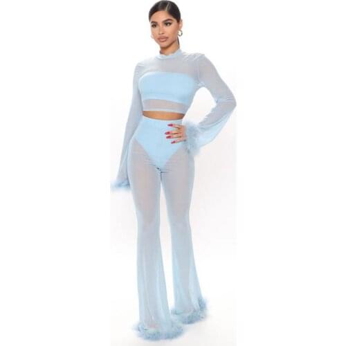 RStylish 2021 Autumn Sexy Feathers Trim See Through Mesh O Neck Long Sleeve Crop Top Pants Women Costume Two Piece Set