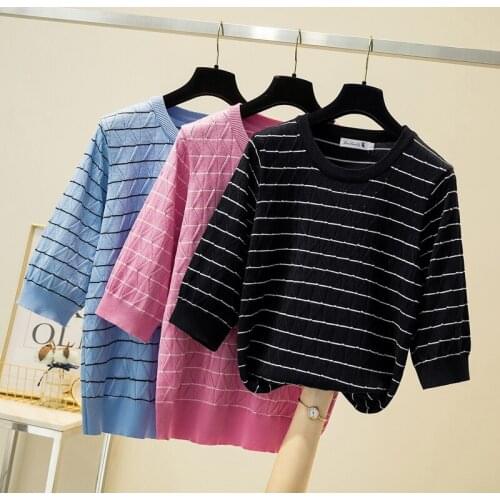 Plus Big Size Summer 3/4 Sleeve Striped Pullover Women Sweater Knitted 2021 Sweaters Tops Korean Pull Femme Jumper Female