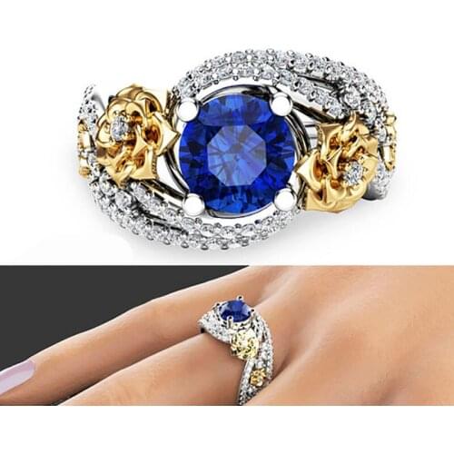 Trendy Silver Color Golden Flower Ring for Women Floral Inlaid Blue Crystal Zircon Rhinestone Party Jewelry Female Accessories