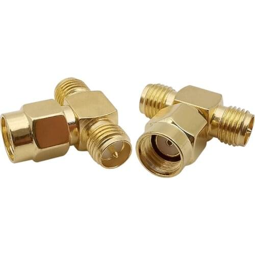 1Pcs RF Adapter RP SMA Male Plug to 2x RP SMA Female Jack Brass Goldplate 3 Way Splitter Coaxial Tee Connector for Antennas WiFi