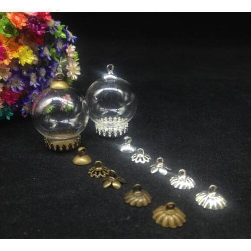 300sets/lot 25*15mm glass globe 15mm crown base 8mm cap set Glass vial pendant hollow glass cover dome necklace jewelry charms