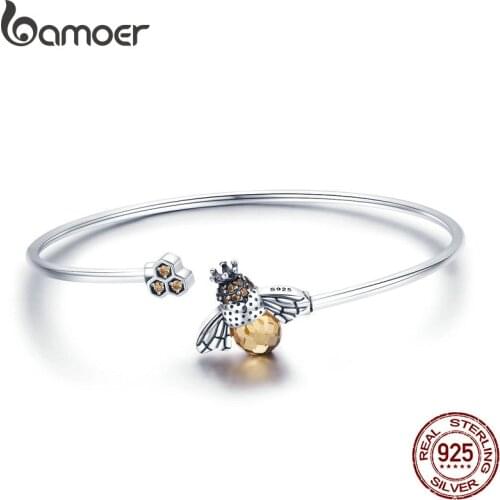 BAMOER 925 Sterling Silver Crystal Bee And Honeycomb Women Silver Bracelets Bangles for Women Sterling Silver Jewelry SCB104