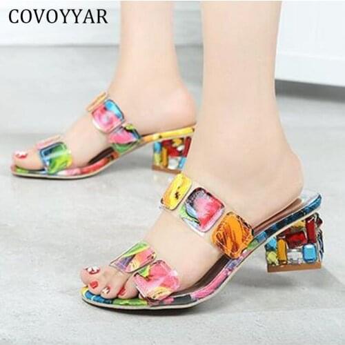 COVOYYAR Crystal Women Slippers Thick Heeled Summer Shoes Woman Sandals Peep Toe Lady Slides Plus Size 43 WSL191