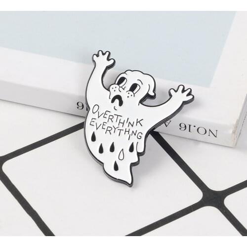 Overthink Ghost Pin White Ghost Anxiety Brooches Enamel Pins Cartoon Specter Badge Halloween Jewelry Gift for friends women men