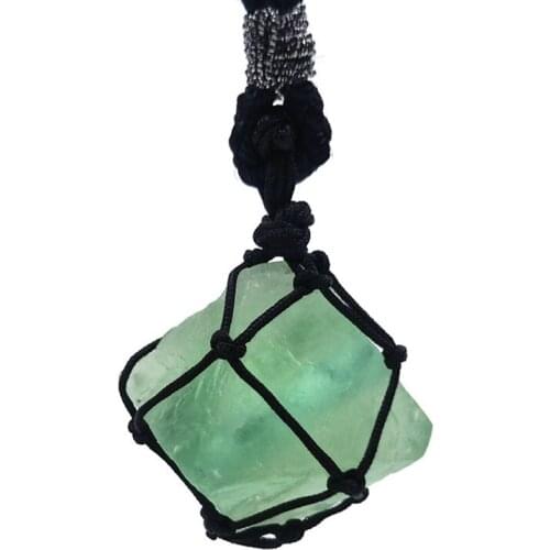FYJS Unique Handmade Weave Wrap Irregular Shape Green Fluorite Stone Pendant Necklace for Gift Jewelry