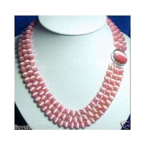 Hot sale 3 ROWS 8MM PINK OPAL BEAD NECKLACE17-19"