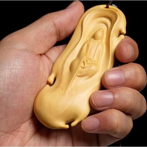 Boxwood Carving Solid Wood Dharma Sculpture Decoration Handicraft Pendant Without Phase Buddha Guanyin Statue Home Decor