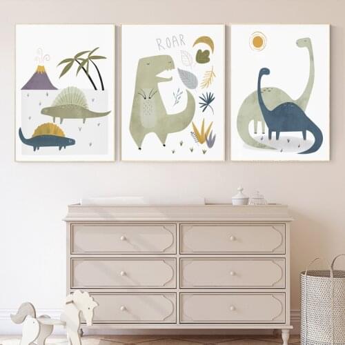 Kawaii Cartoon Dinosaur Moon Leaf Nursery Wall Art Canvas Painting Nordic Posters And Prints Wall Pictures Baby Kids Room Decor