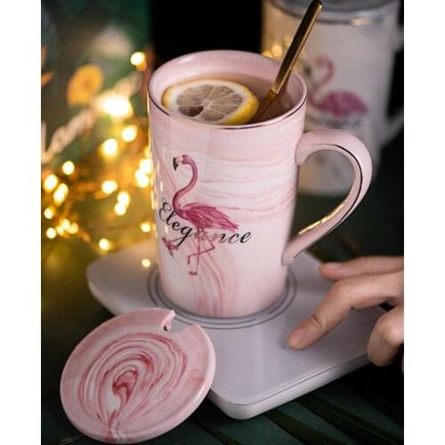 Ceramic Mug Gold Plated Flamingo Milk Coffee Tea mugs With Spoon Handle Household 55 Celsius heating thermostat padOffice Cup