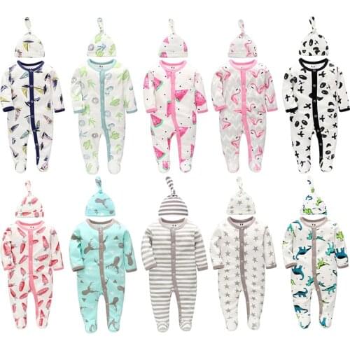 Newborn Baby Rompers + Hat Cotton Baby Clothing Boys Girls Long Sleeve Wrap Foot Clothes Roupas Costume Pajamas Infant Sleepwear