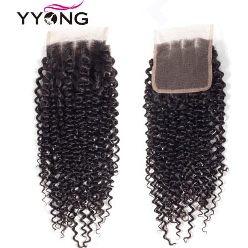 Yyong 4X4 Lace Closure Brazilian Kinky Curly Hair 100% Remy Human Hair Lace Closure Bleached Knots Free Part Natural Hairline