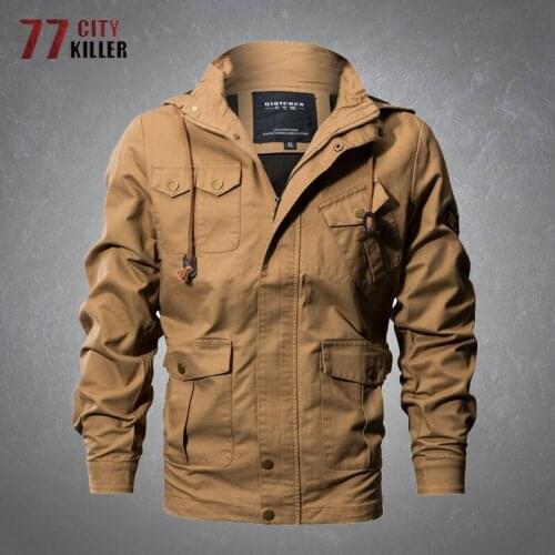 Military Hooded Jacket Men Multiple Pockets Casual Cotton Cargo Coats Male Air Force Combat Bomber Tactical Flight Jackets Mens