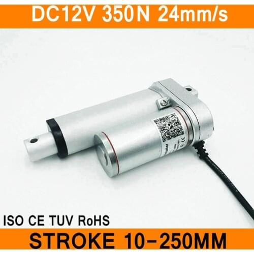 Linear Actuator 12V DC Motor 350N 24mm/s Stroke 10-250mm Linear Motion Controller IP54 Aluminum Alloy Waterproof CE RoHS ISO