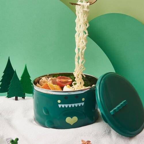 850ml Cute Dinosaur Ramen Bowl Instant Ramen Noodles Korean Food Container Stainless Steel Student Bento Box with Lid & Handle