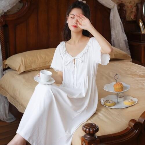 Summer Short-sleeved Cotton Nightgowns Women Court Princess Vintage Night Dress White Lace Loose Sleep Tops Home Sleepwear 2021