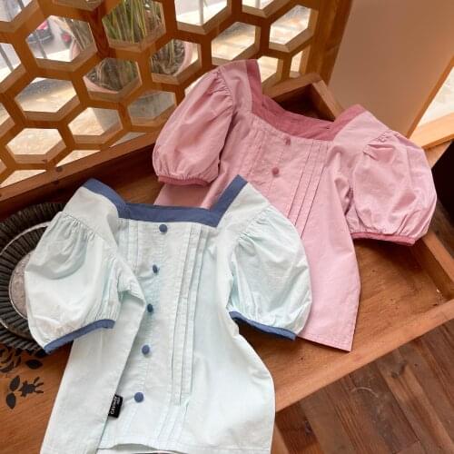 2021 Summer New Korean Style Baby Girls Cotton Blouses Pure Color Puff Sleeve Tops Toddlers Kids Square Collar Shirts