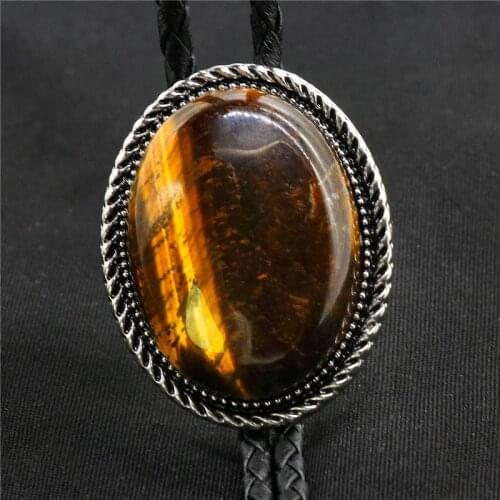 Original Western Cowboy BOLO Tie Clip Middle Inlay Tiger-Eye Stone Wavy lace PU Leather Rope Mens Fashion Jewelry