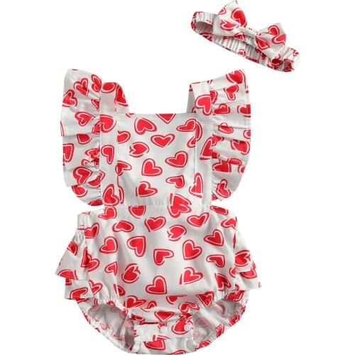 0-24M Infant Baby Girl Romper Headband Summer Sweet Hearts Full Print Ruffle Short Sleeve Bow Backa Playsuit 2pcs Outfits