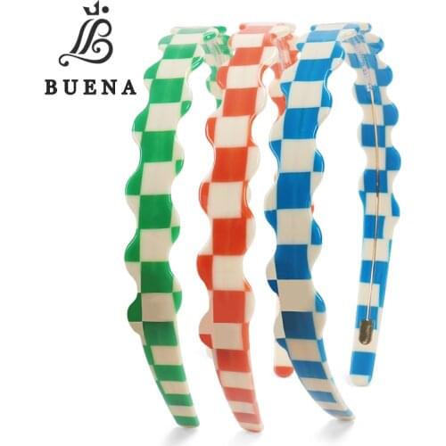 Grid Pattern Wavy Shape Headband New Design 1.5cm Width No Slip for Women Girls Cellulose Acetate Hairbands