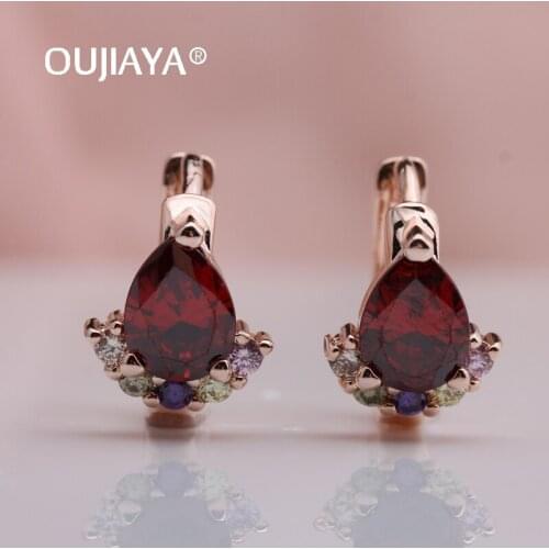 OUJIAYA 585 Rose Gold Water drop Earrings For Women Luxury Party Jewelry Korean Red Natural Zircon Earrings for Girl Hot A213